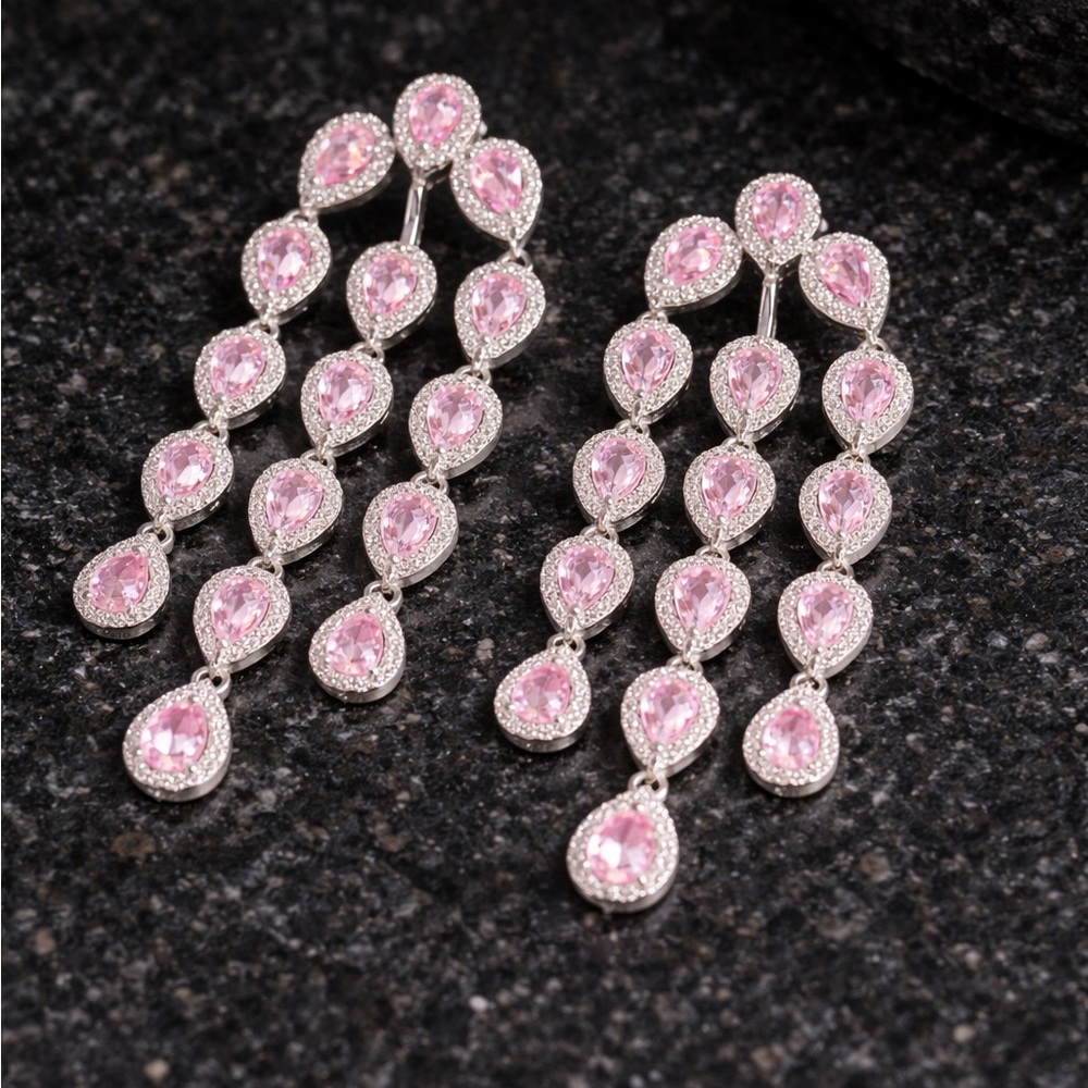 Swarovski Crystals Pink Dangling Teardrop Earrings The Floya - Picture 3 of 5